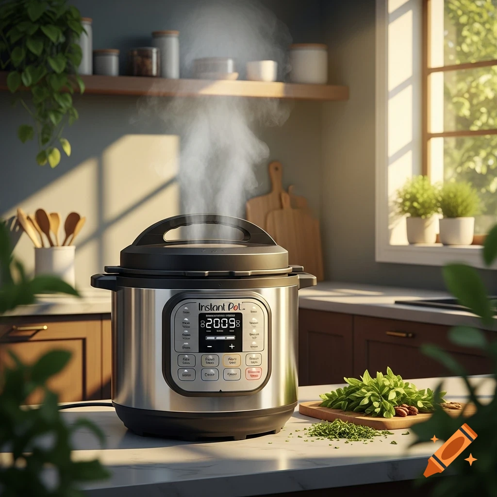 A shiny stainless steel Instant Pot steams in a sunlit kitchen, with fresh herbs on a cutting board nearby.