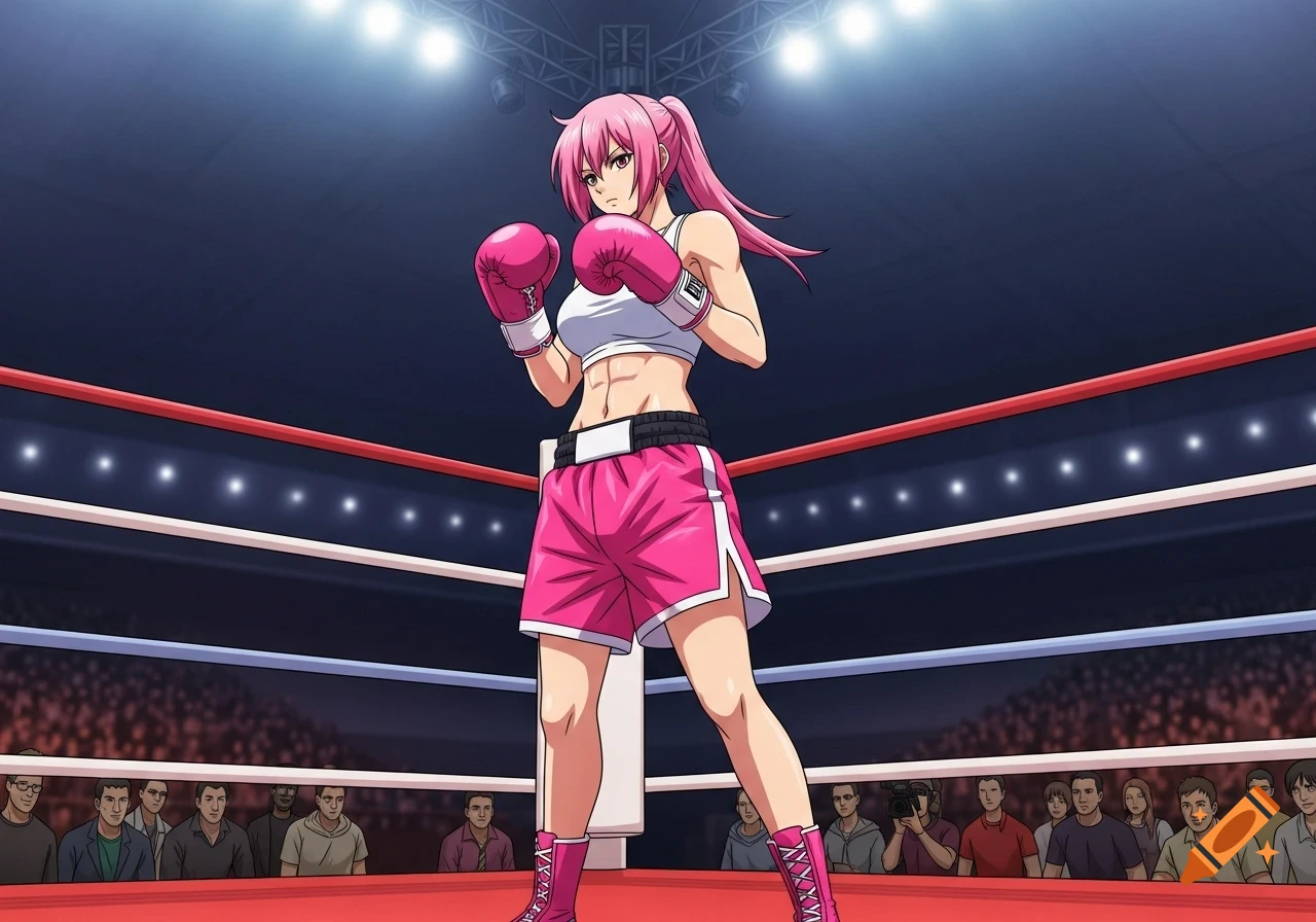 An anime woman boxer with pink hair and pink gloves stands in a boxing ring.
