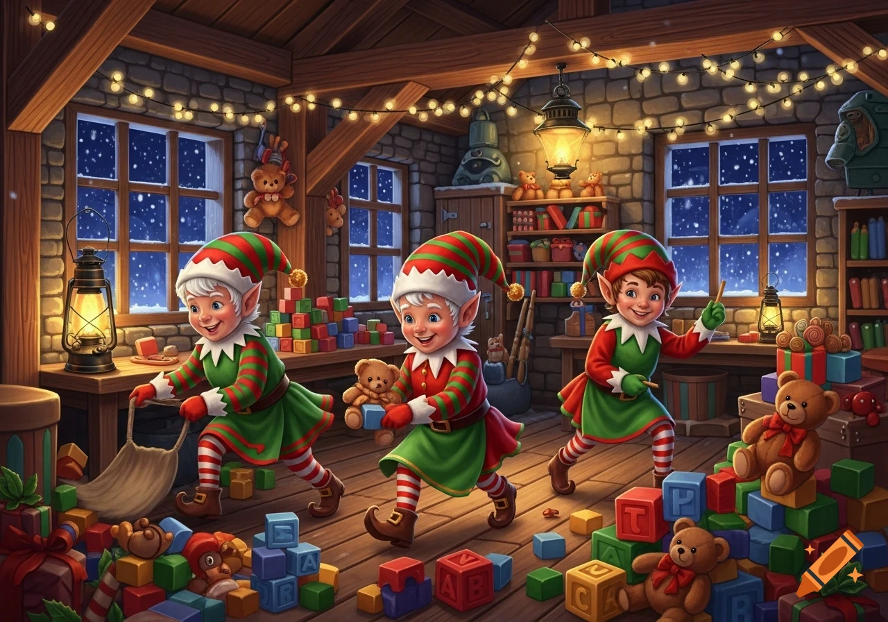 Three cheerful Christmas elves in a festive workshop filled with toys, lights, and snow outside the windows, tidying up.