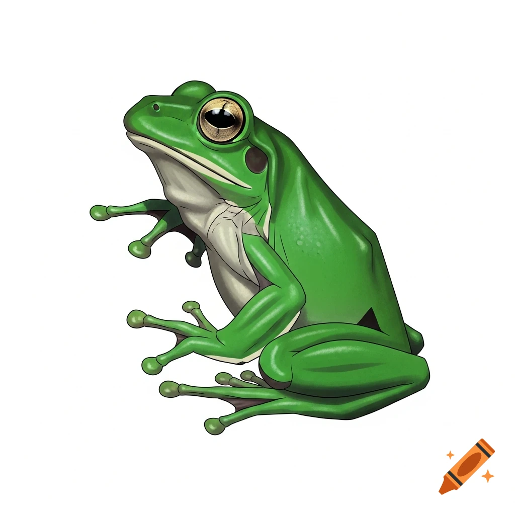 A vibrant green frog with a realistic eye, rendered in a minimalist fine art illustration style, sitting on a white background.