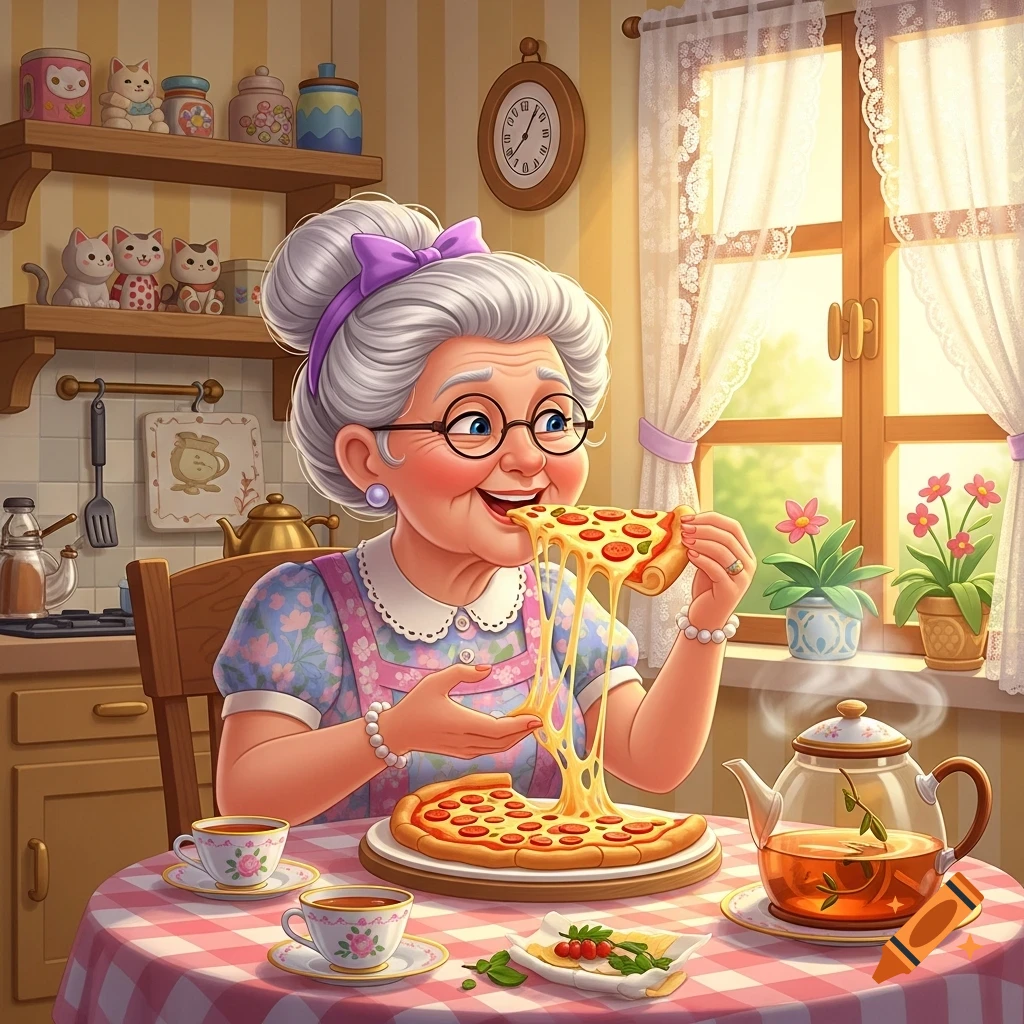 Cartoon old lady with grey hair and glasses happily eats a slice of cheesy pizza at a pink checkered kitchen table.