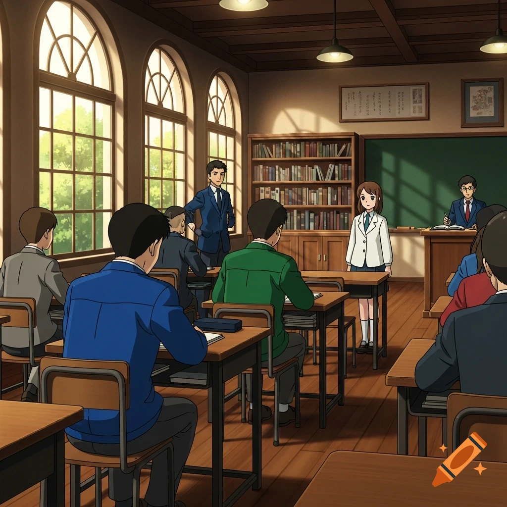 Anime drawing of students in a sunlit classroom. A girl stands at the front while two male teachers are near the blackboard.