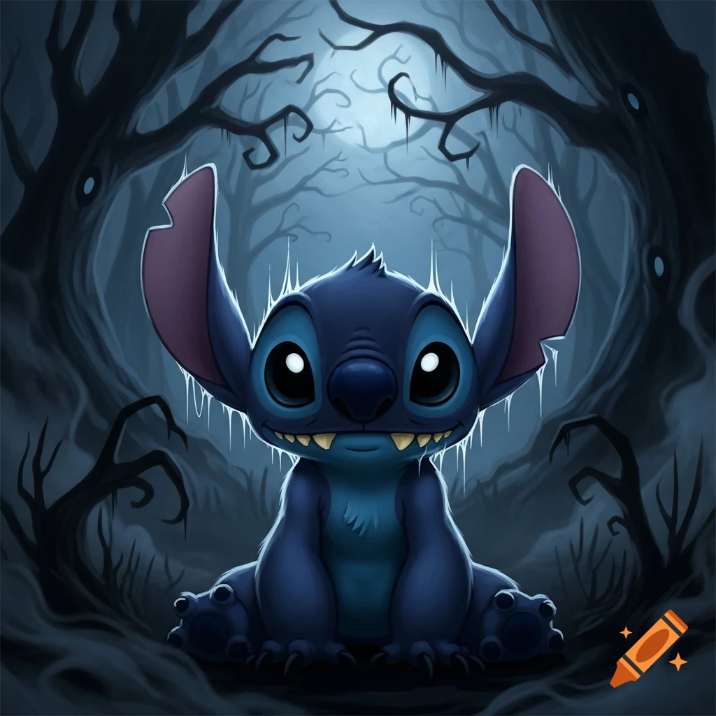 Cartoon Stitch with large ears and teeth, covered in icicles, sitting in a dark, spooky forest with gnarled trees.