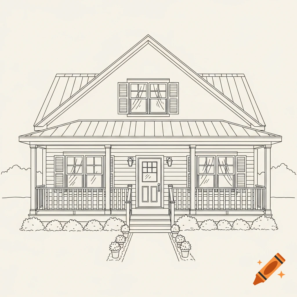 A simple line drawing of a one-story house with a front porch, dormer window, railings, and a path lined with potted plants.