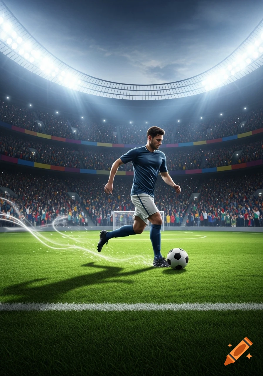 A male soccer player in a blue and white uniform dribbles a ball on a green field in a brightly lit, packed stadium.