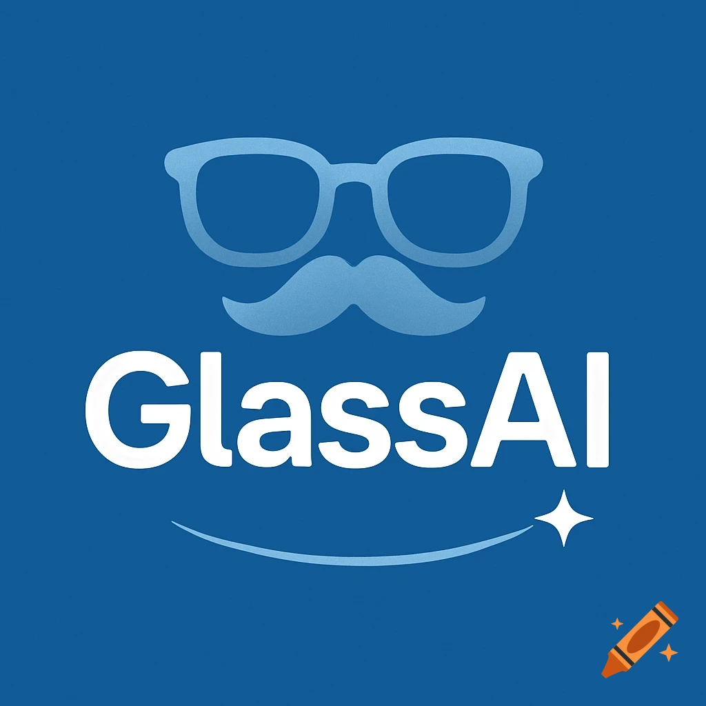 Minimalist blue logo with white text 'GlassAI', light blue glasses, mustache, and a curved line ending in a star.