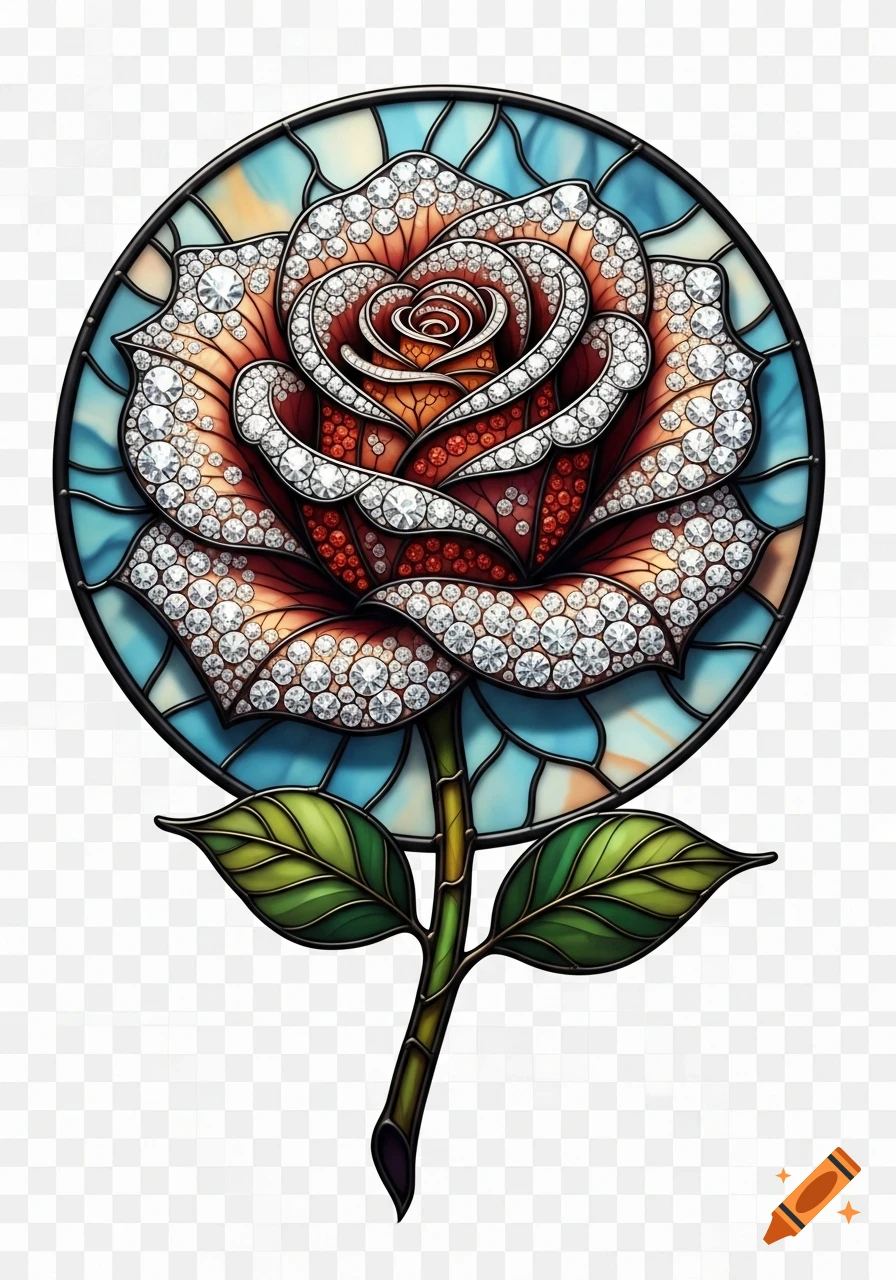 A vibrant digital illustration of a rose in a stained glass style, intricately detailed with sparkling diamonds and lead-like contours, on a transparent background.