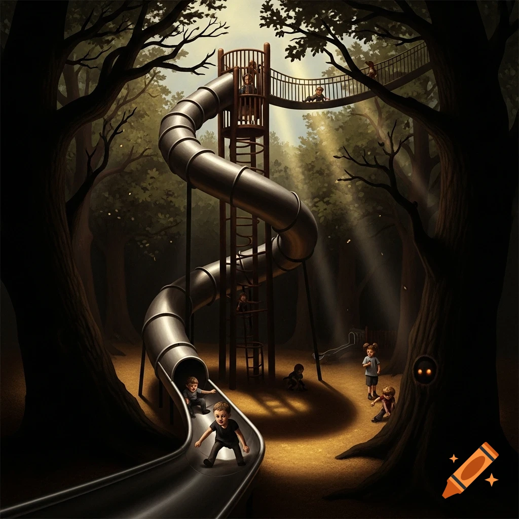 A dark, dramatic painting of a children's playground in a deep forest, with a large winding slide and kids playing, rendered in a Caravaggio-like style with strong light rays.