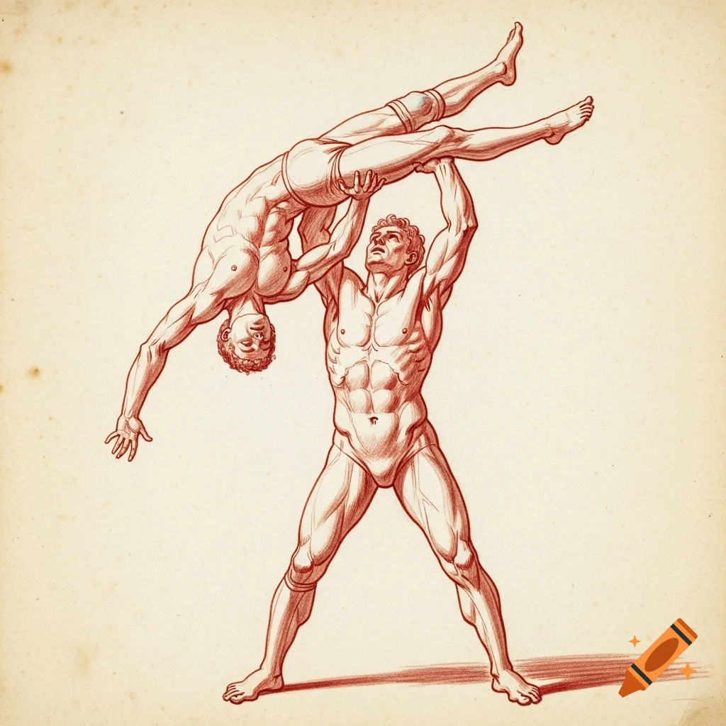 Red chalk Renaissance-style drawing of two male wrestlers, one lifting the other overhead.