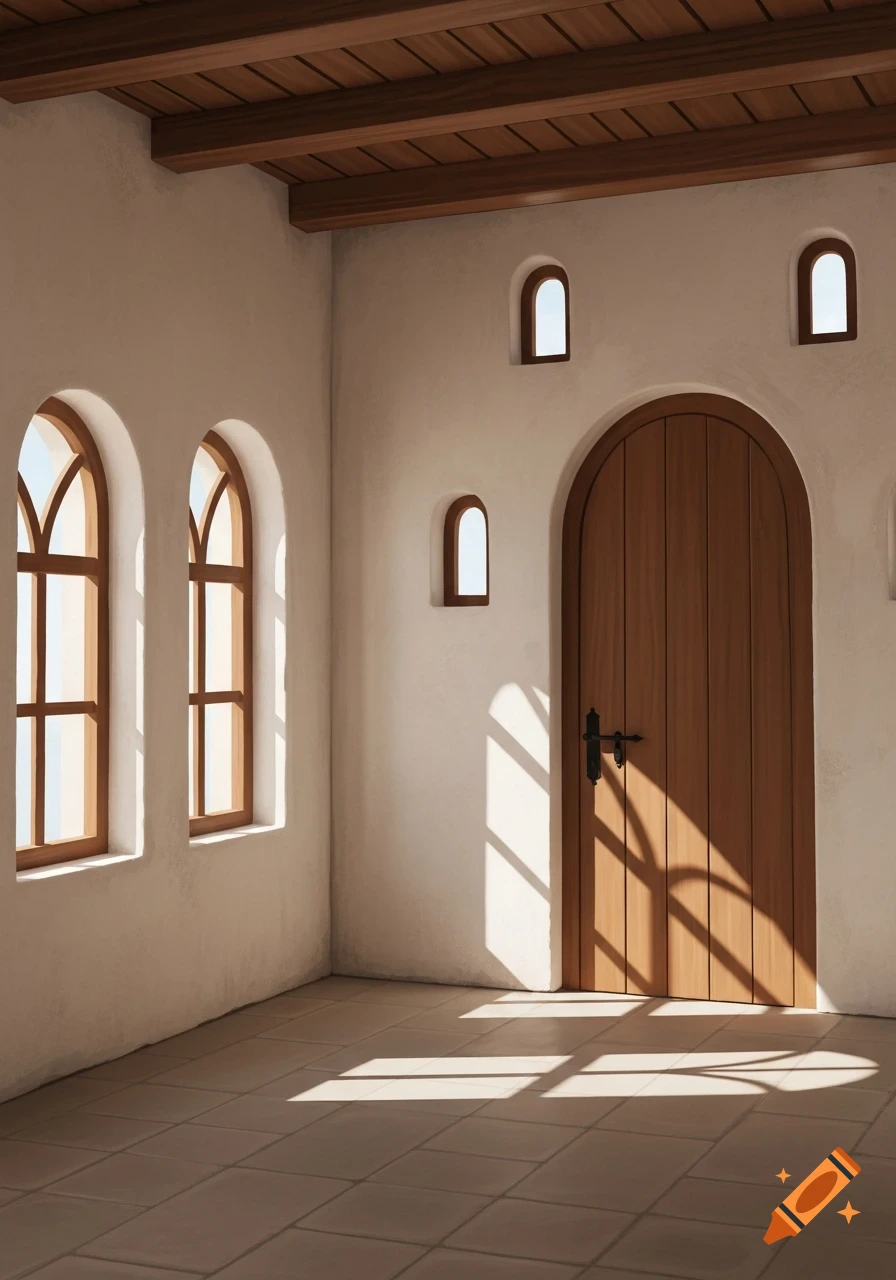 A sunlit room with an arched wooden door, arched windows, light walls, wooden ceiling beams, and tiled floor.