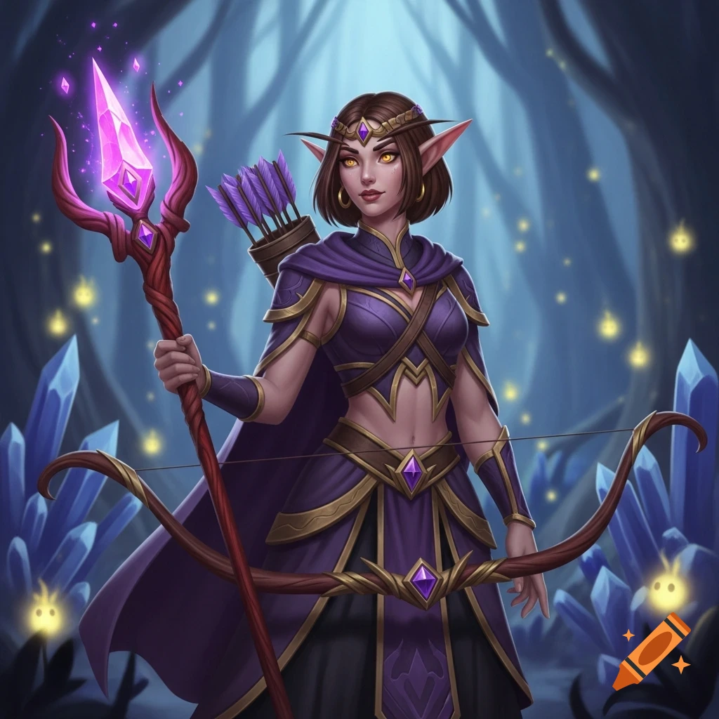 A fantasy elf archer in purple armor holds a glowing staff and bow in a mystical crystal forest.