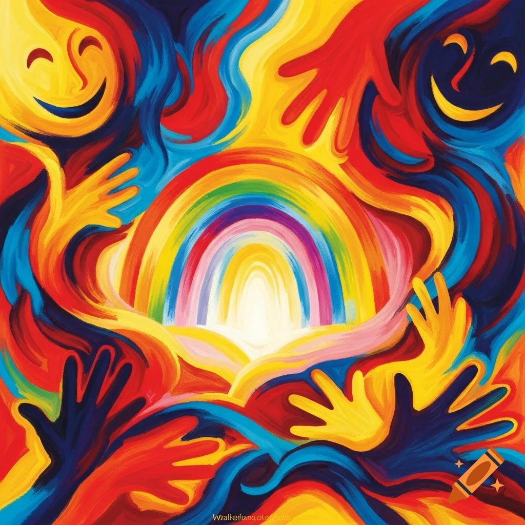 Abstract painting with swirling, vibrant colors, stylized hands, two smiling faces, and a bright rainbow in the center.
