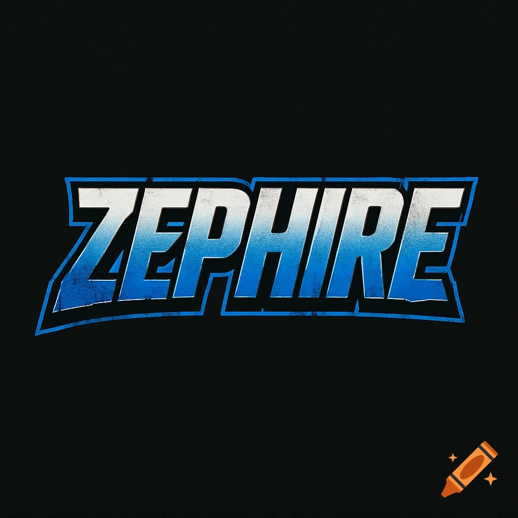 Stylized blue and white text 'ZEPHIRE' with a distressed texture and blue outline on a black background.