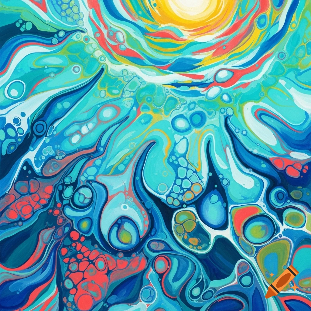 Abstract fluid art with swirling patterns in shades of blue, turquoise, red, and yellow, resembling a tropical ocean.