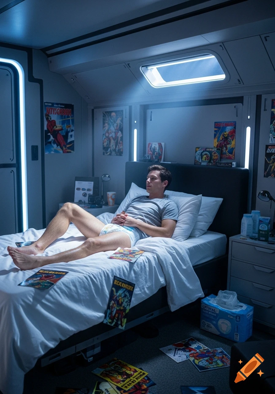 A man in a t-shirt and adult diaper lies on a bed in a sci-fi themed room, surrounded by comic books.