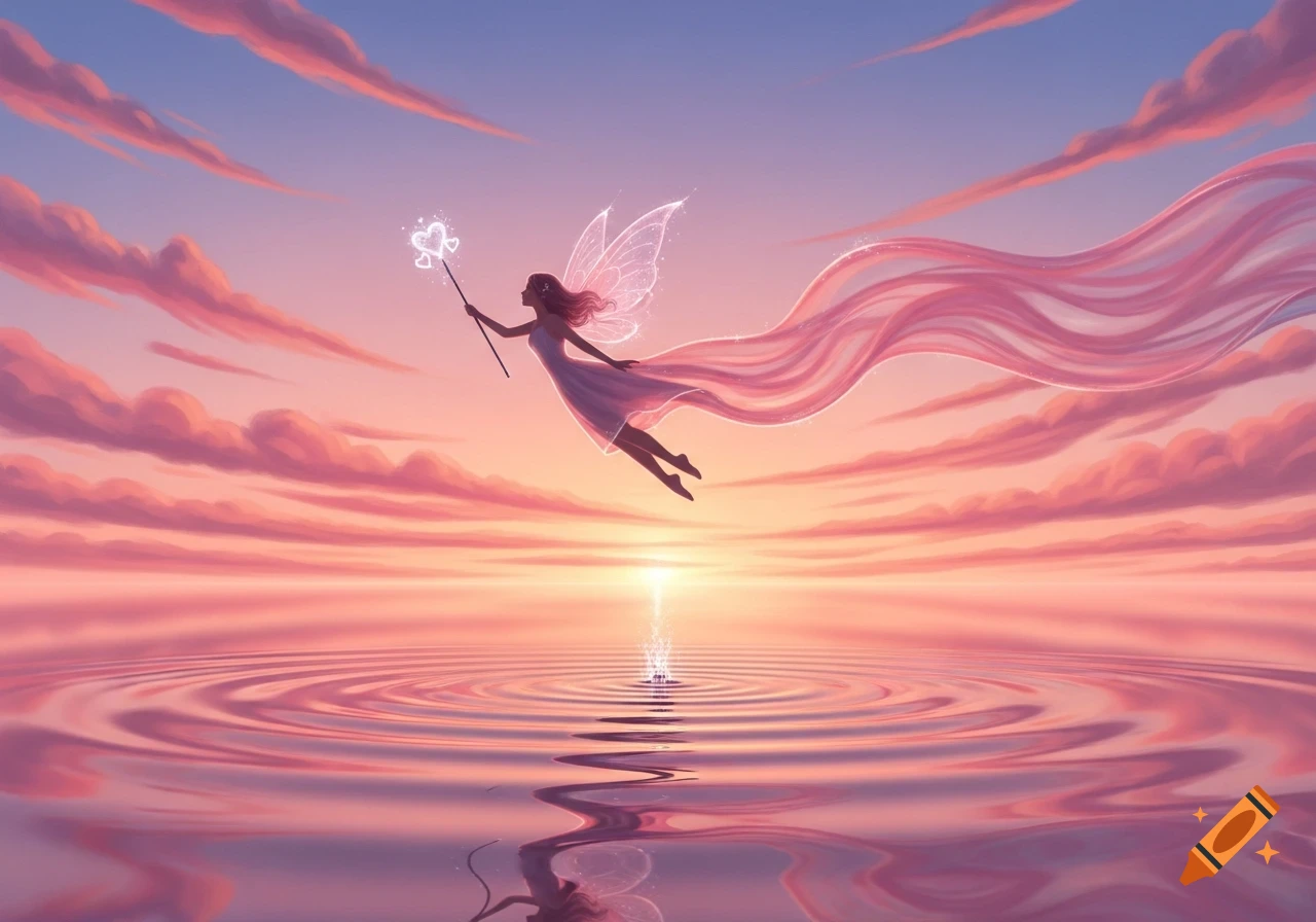 A fairy with translucent wings and a flowing pink dress flies over pink rippling water at sunset, holding a glowing heart wand.