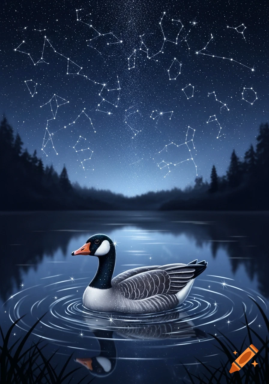 A goose floats on a serene lake under a dark blue starry night sky filled with constellations, surrounded by silhouetted trees.