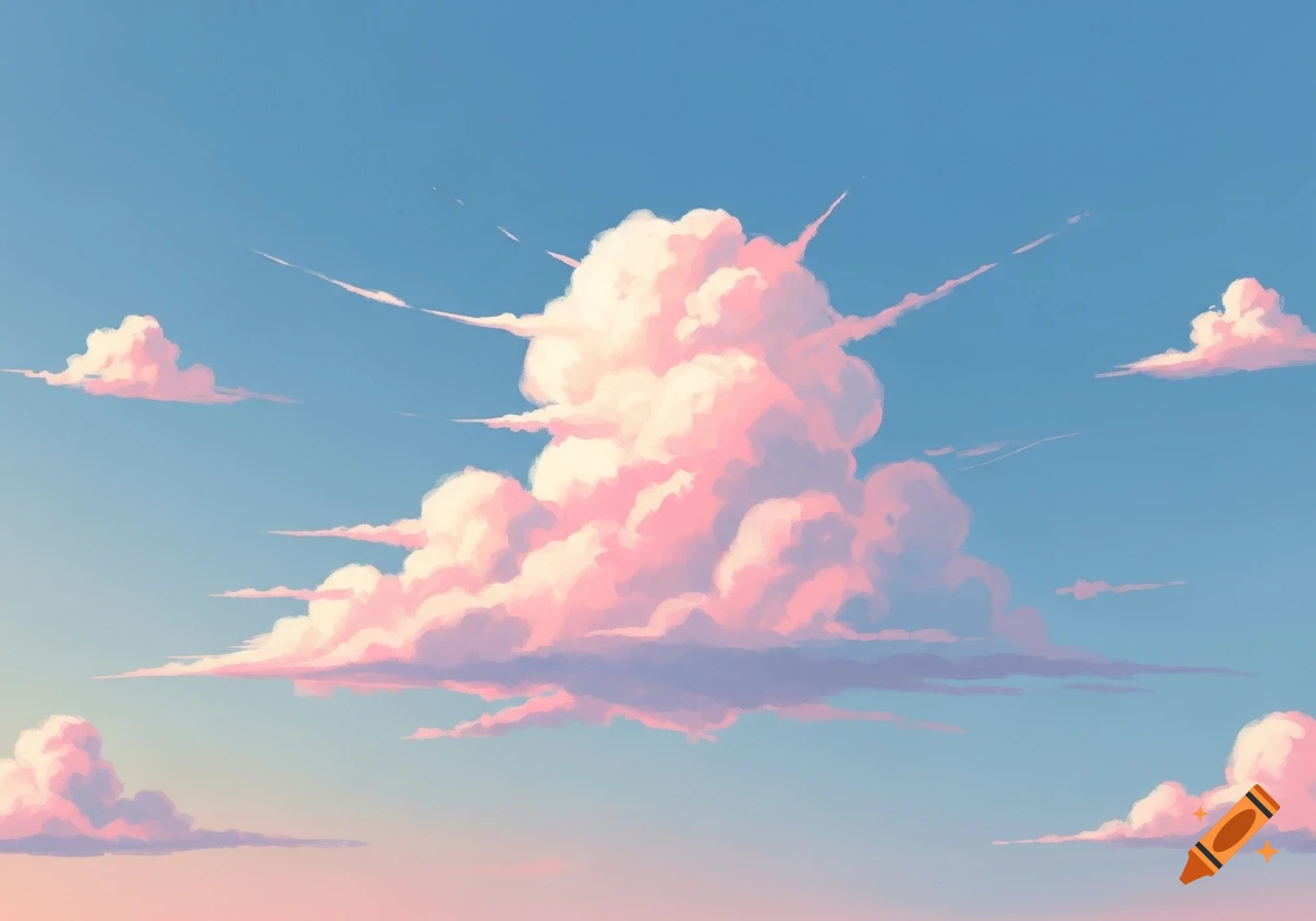 A stylized illustration of fluffy white and light pink clouds against a clear blue sky.