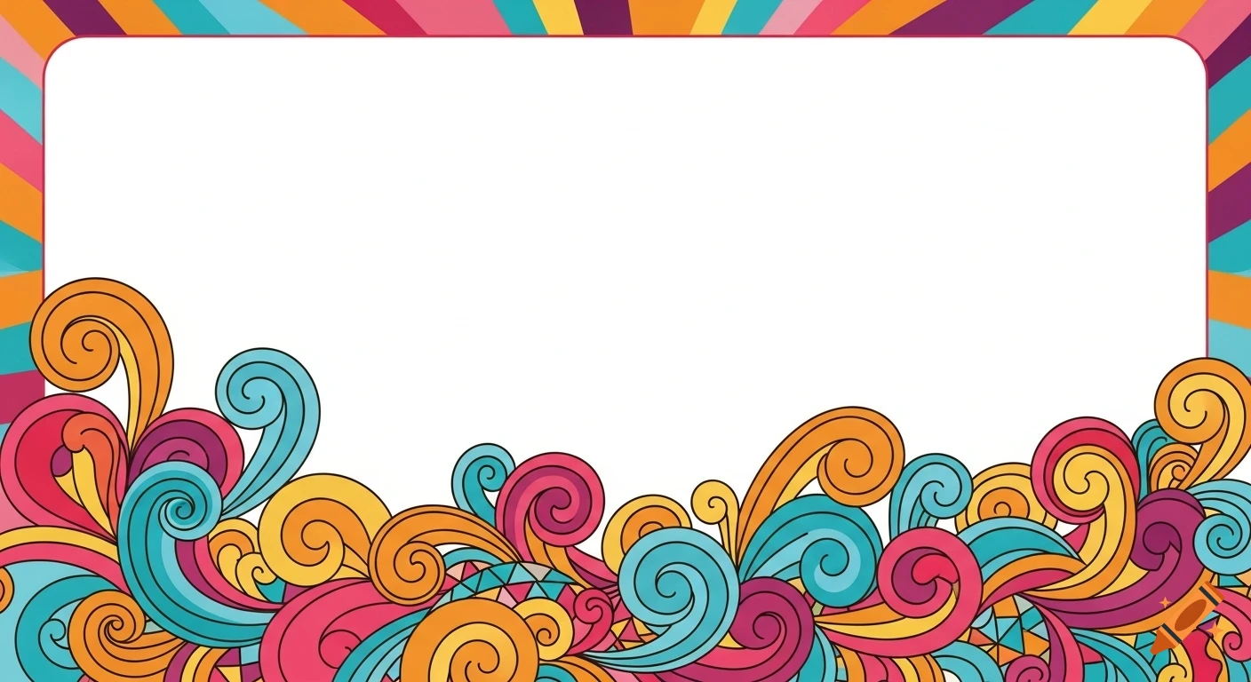 A vibrant, colorful background with a striped border and swirling, abstract patterns at the bottom, framing a white central space.