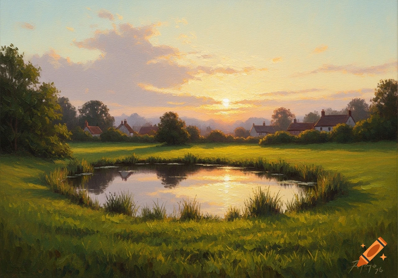 Oil painting of a tranquil village green with a pond reflecting a golden sunset, surrounded by trees and houses.