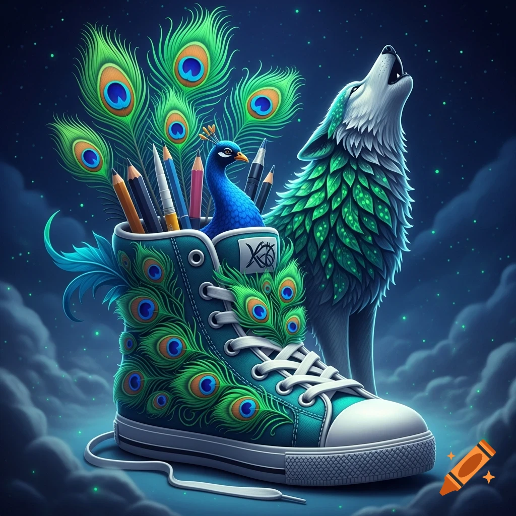 A whimsical image features a peacock-feathered sneaker filled with pencils, a peacock emerging from it, and a howling wolf with green, leaf-like fur against a starry night sky.