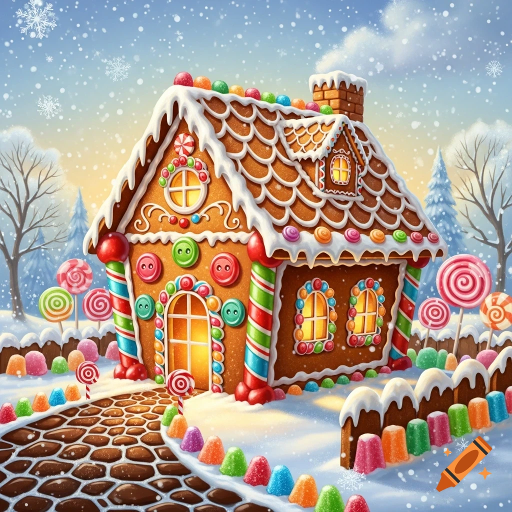 A colorful, festive gingerbread house adorned with candies and icing, set in a snowy winter landscape with falling snowflakes.