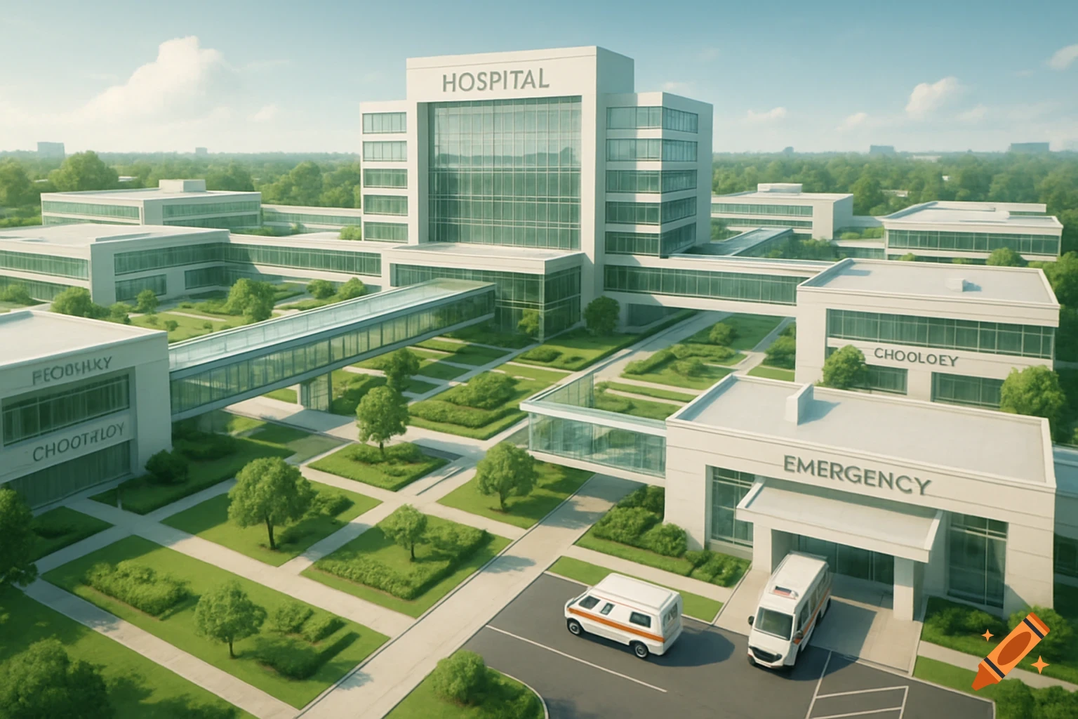 Aerial view of a modern hospital campus with multiple buildings, glass connecting bridges, green courtyards, and ambulances.