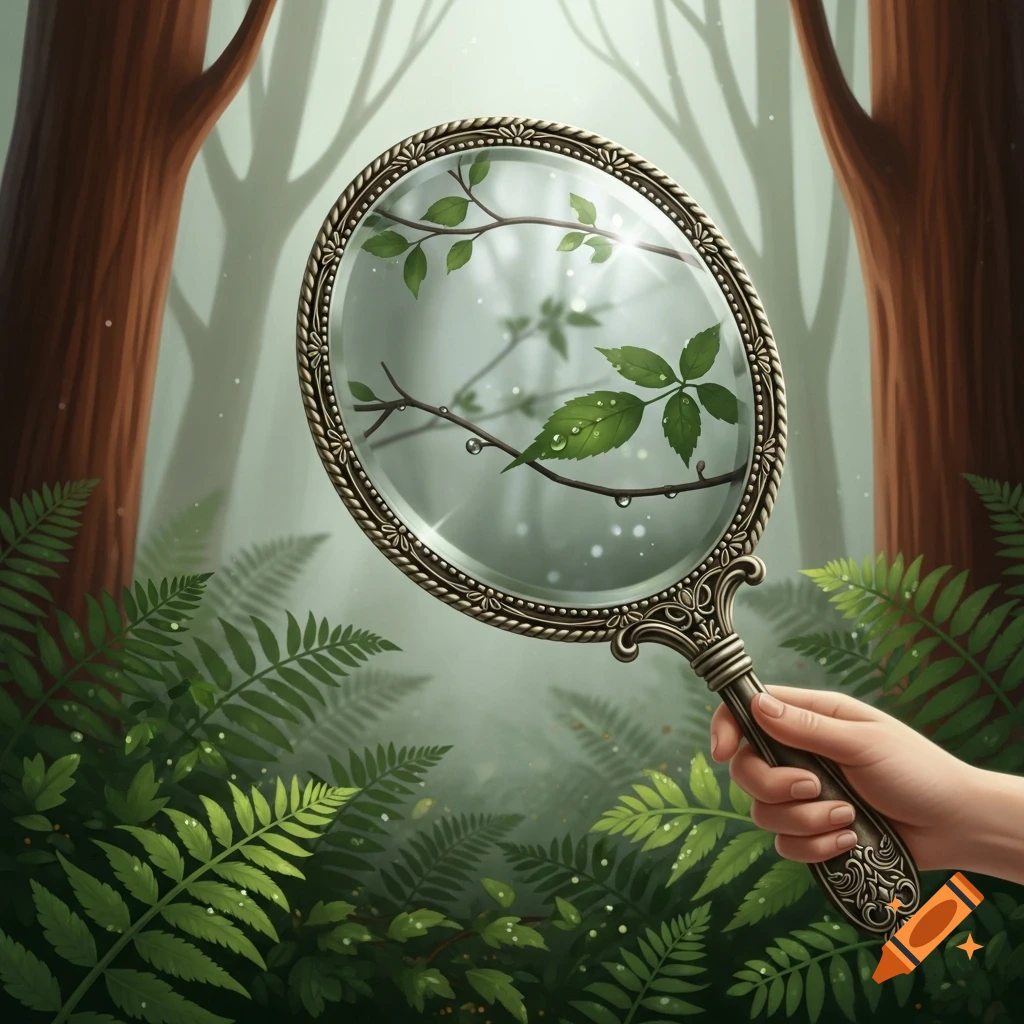A hand holds an ornate, antique mirror reflecting a dew-covered plant branch in a misty forest.