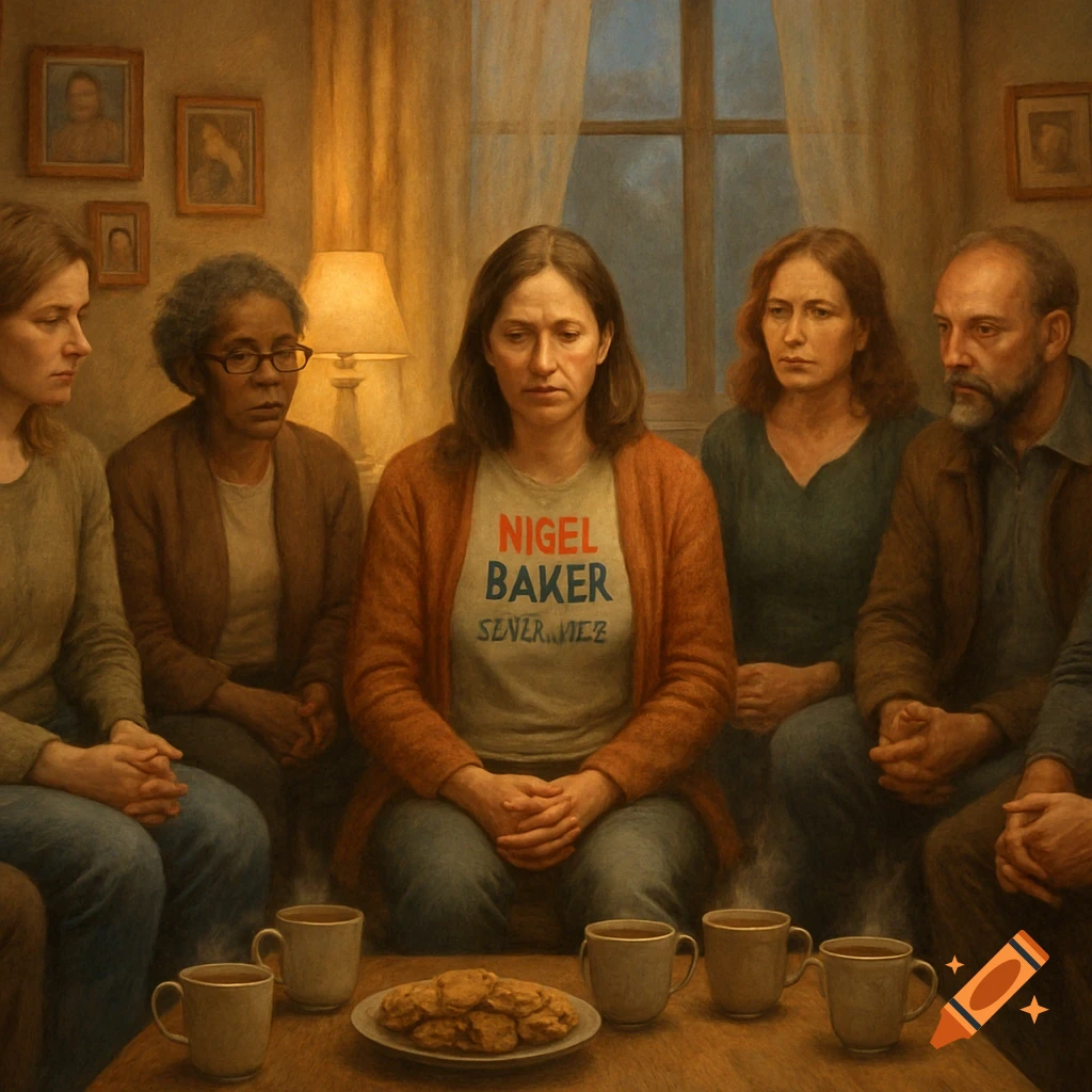 A group of somber adults, including a woman in a 'Nigel Baker' t-shirt, sit around a table with coffee cups and cookies, in a warm, painterly style.