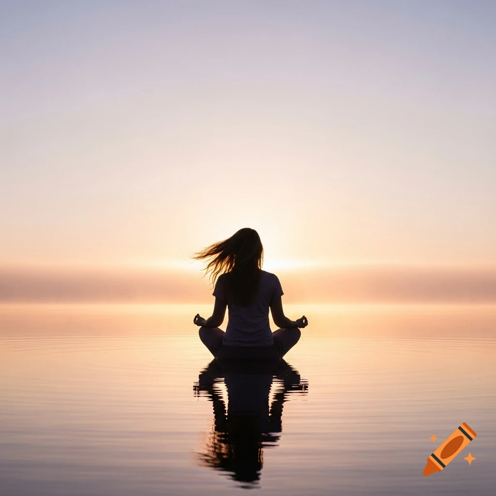 Silhouette of a woman meditating in lotus position on still water with a pastel sunset sky and her hair blowing.