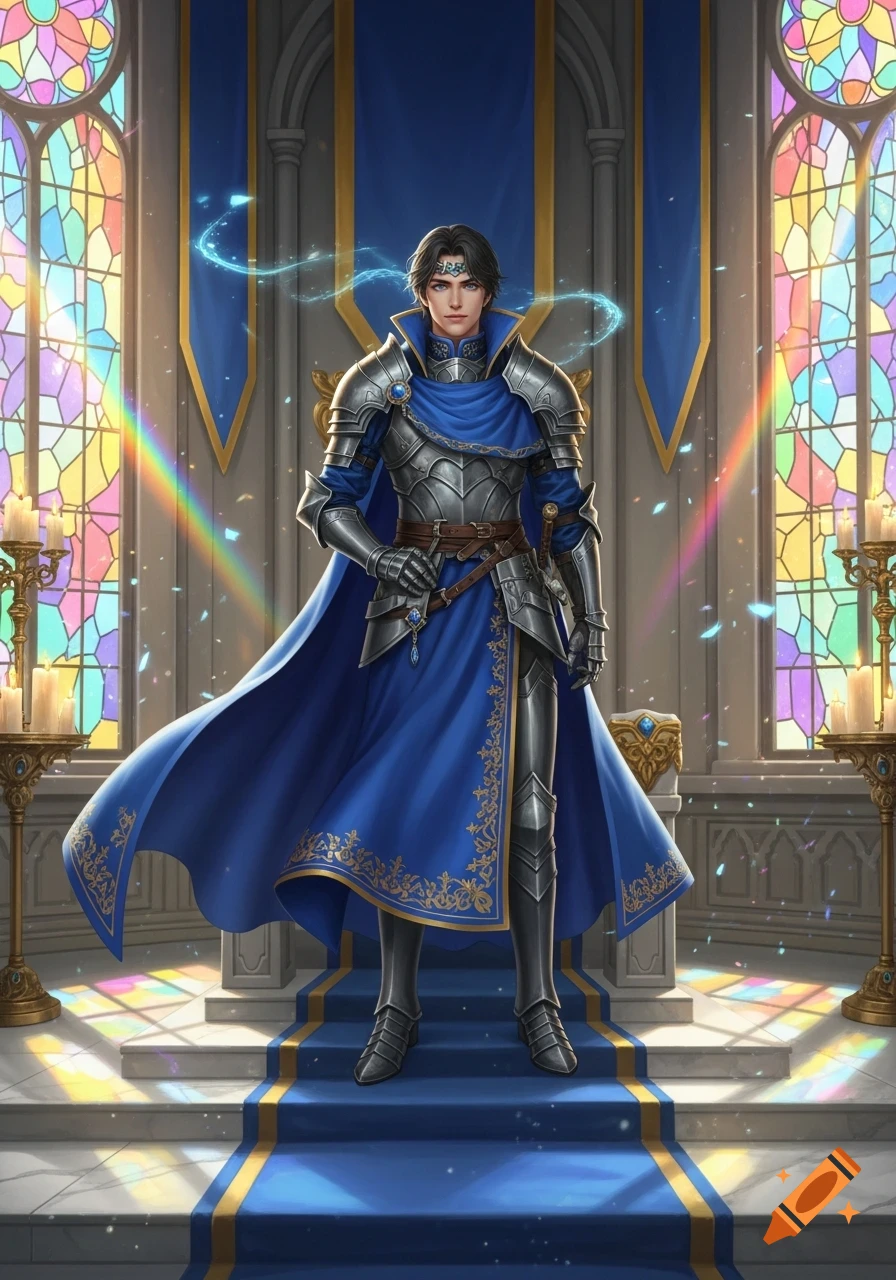 A young fantasy monarch in blue and silver armor stands majestically in a grand hall with stained glass windows.