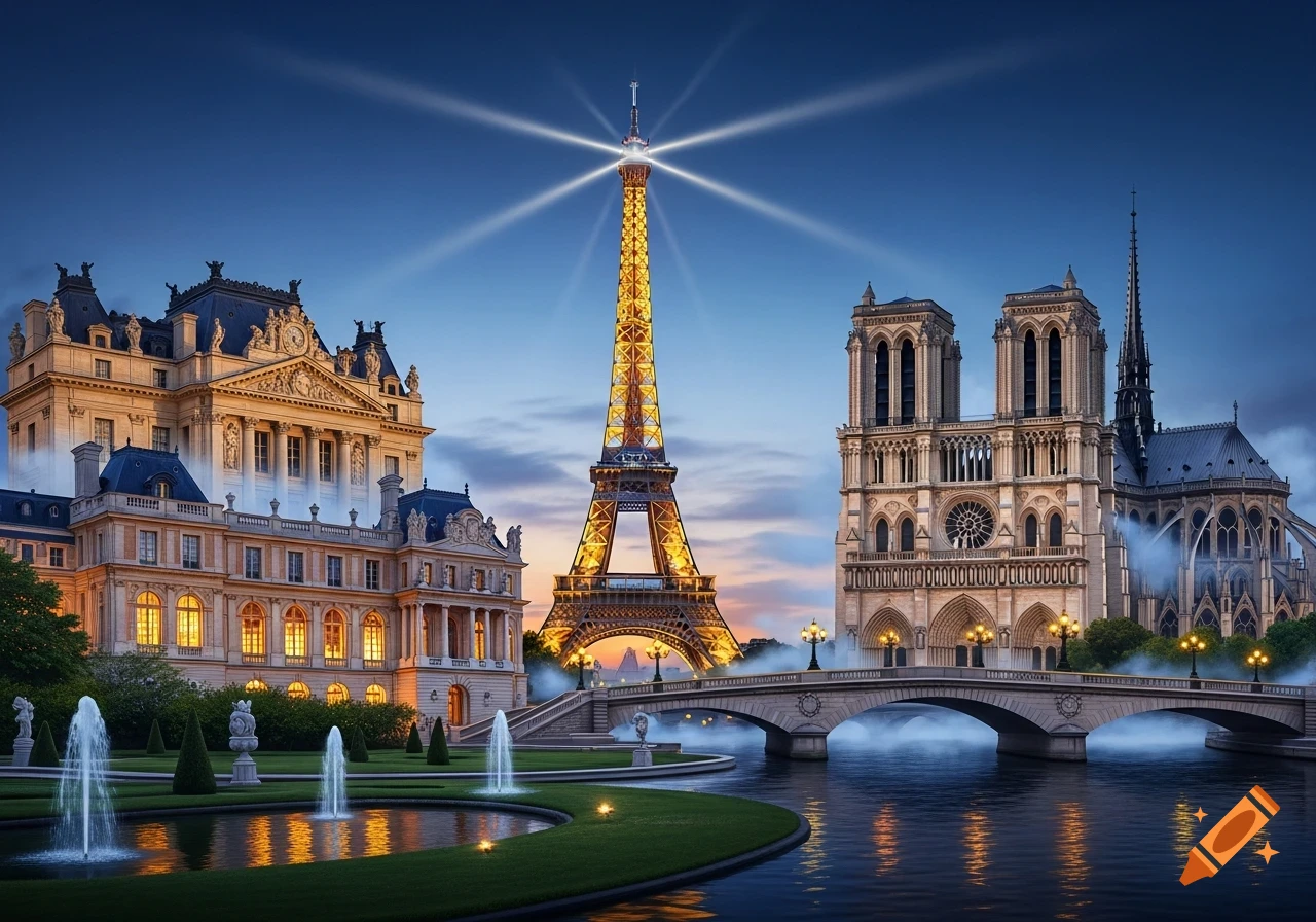 A majestic panoramic view of illuminated Parisian landmarks at dusk, featuring the Eiffel Tower, Notre Dame Cathedral, and a grand palace, with a river and fountains in the foreground.
