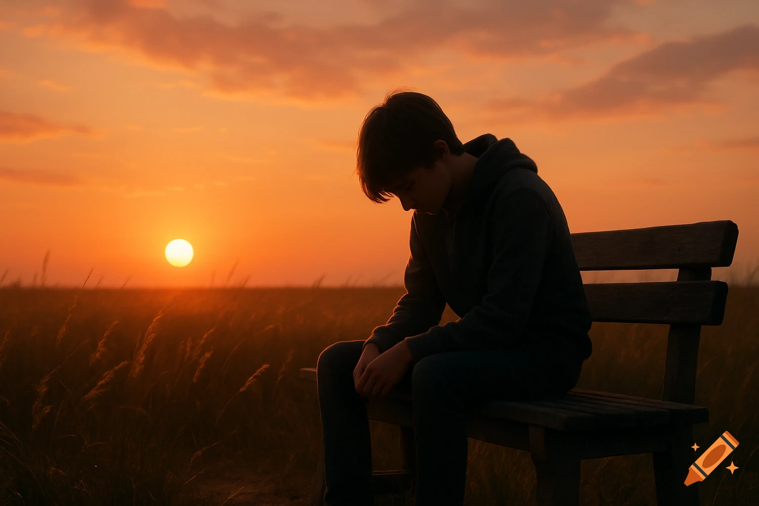 Photorealistic image of a young person sitting alone on a wooden bench with head lowered, looking sad at sunset in a field.