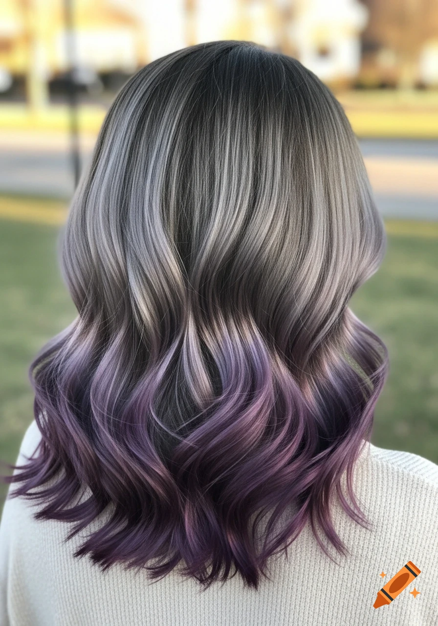 Photorealistic shot of the back of a woman's head showing wavy, medium-length grey and light brunette hair with dark purple balayage.