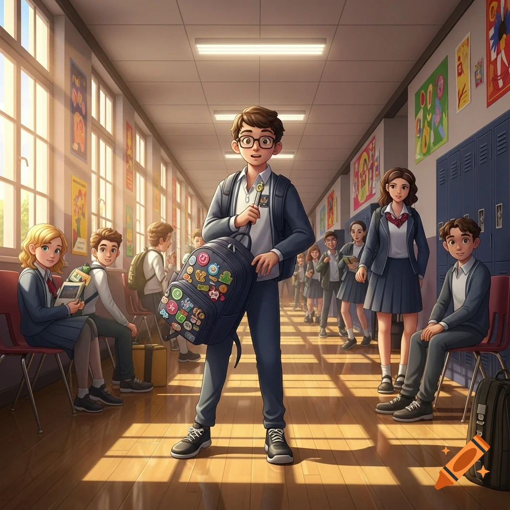Anime-style students in a sunlit school hallway, with a boy in the foreground holding a sticker-covered backpack.