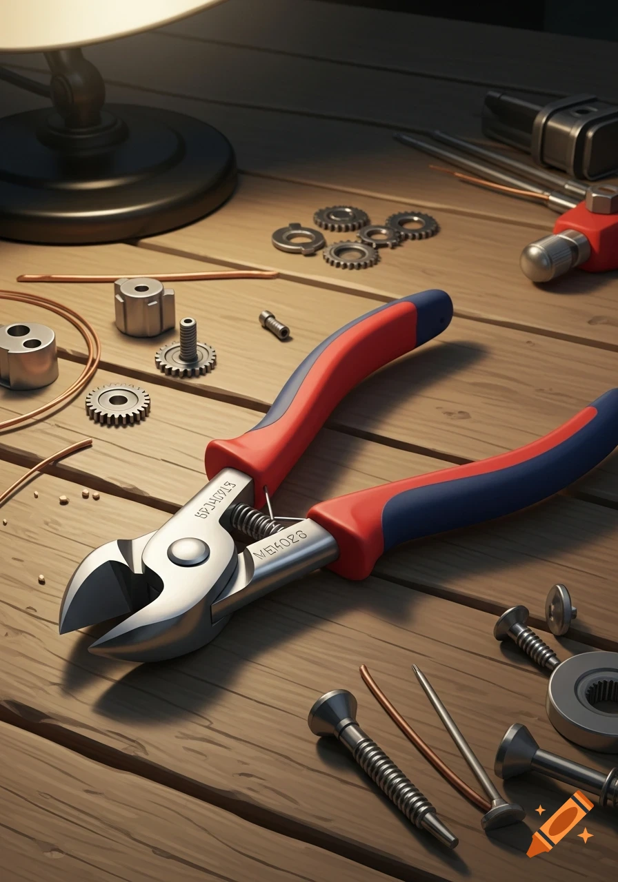 A pair of red and blue side cutters lies on a wooden table surrounded by gears, screws, and copper wires, photorealistic.
