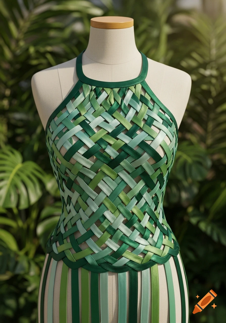 A mannequin wears a long halter neck top made from interwoven ribbons in various shades of green, set against a blurred leafy background.
