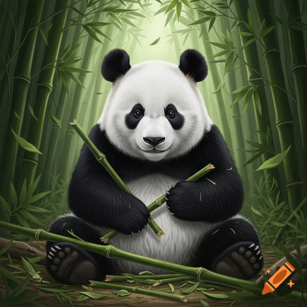 A detailed, cartoony panda sits on the forest floor, holding bamboo stalks amidst a lush bamboo forest.
