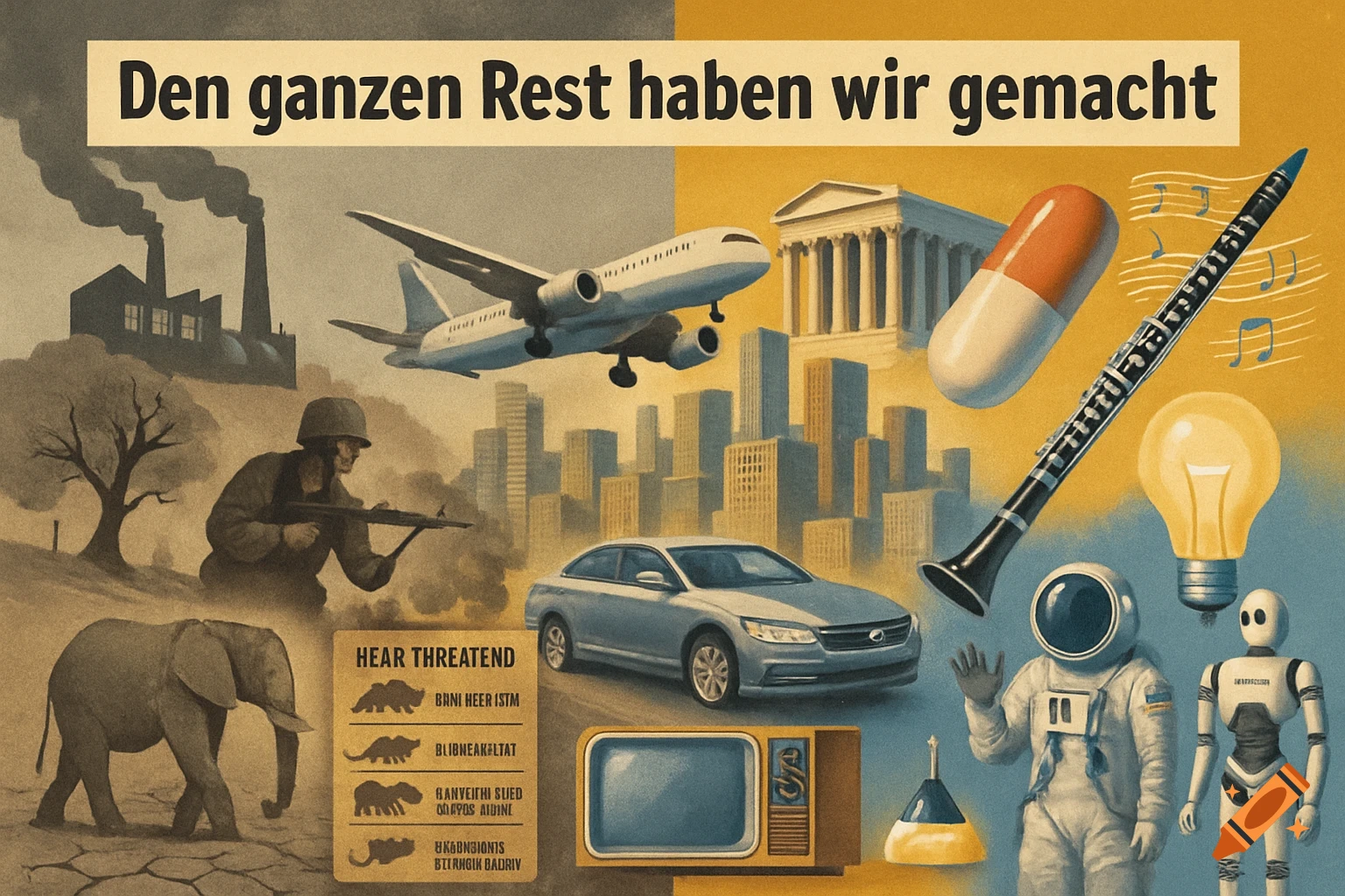 A divided collage depicting human impact, with negative elements like industrial pollution, war, and endangered species on the left, and positive elements like architecture, medicine, music, space travel, and robots on the right. In the center are cities, cars, and airplanes.