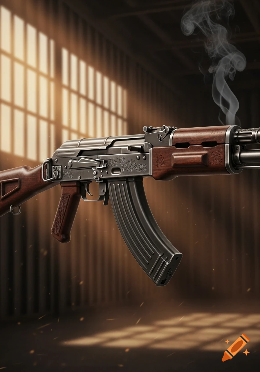 Photorealistic AK-47 rifle with a wooden stock and metallic body, with smoke rising from the barrel, in a dimly lit room.