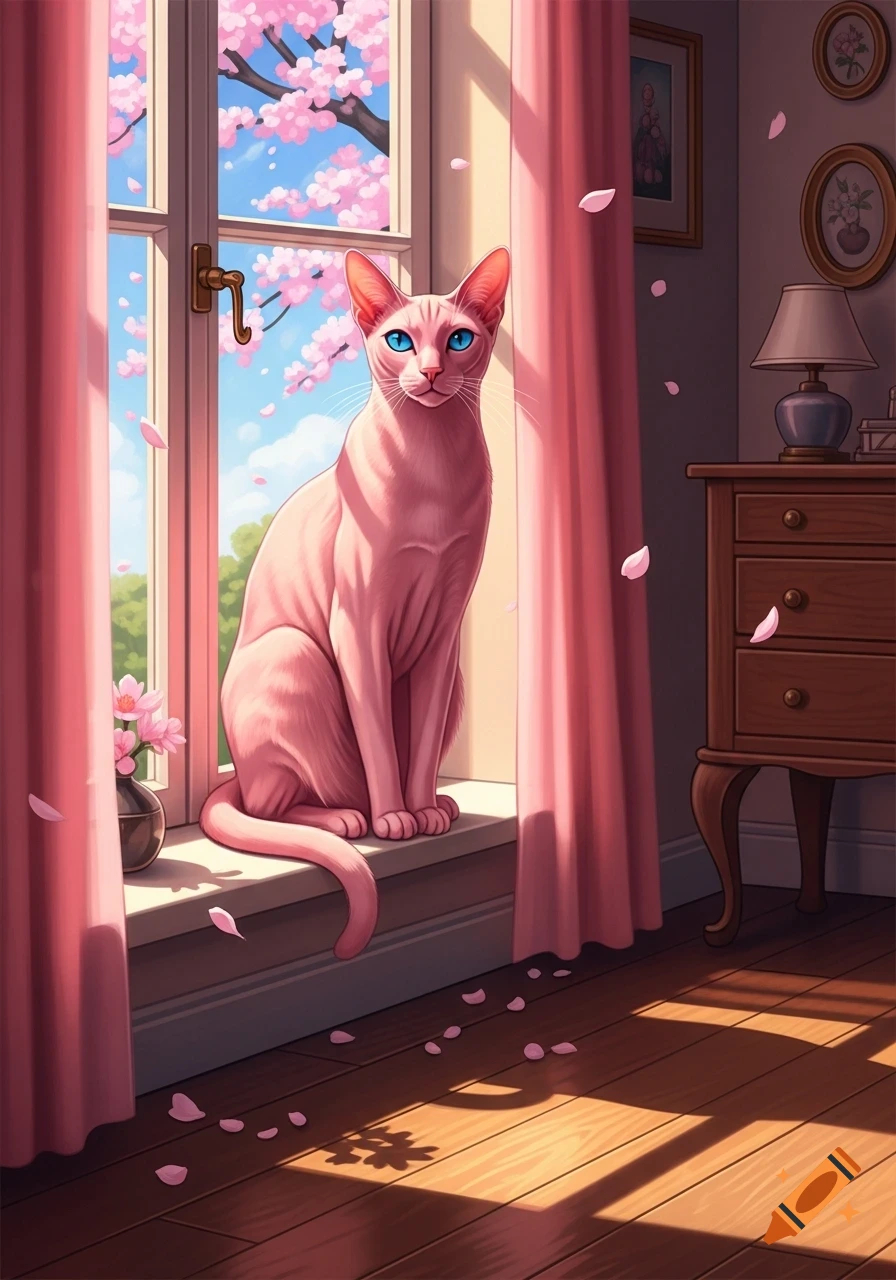 A pink Sphynx cat with bright blue eyes sits on a sunny windowsill, surrounded by pink cherry blossoms and petals, in an illustrated style.