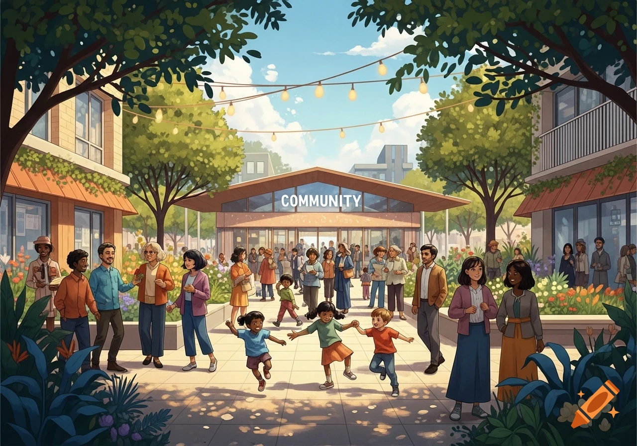 Illustrative scene of diverse people and children gathering in an outdoor community plaza with a building labeled 'COMMUNITY' under string lights.