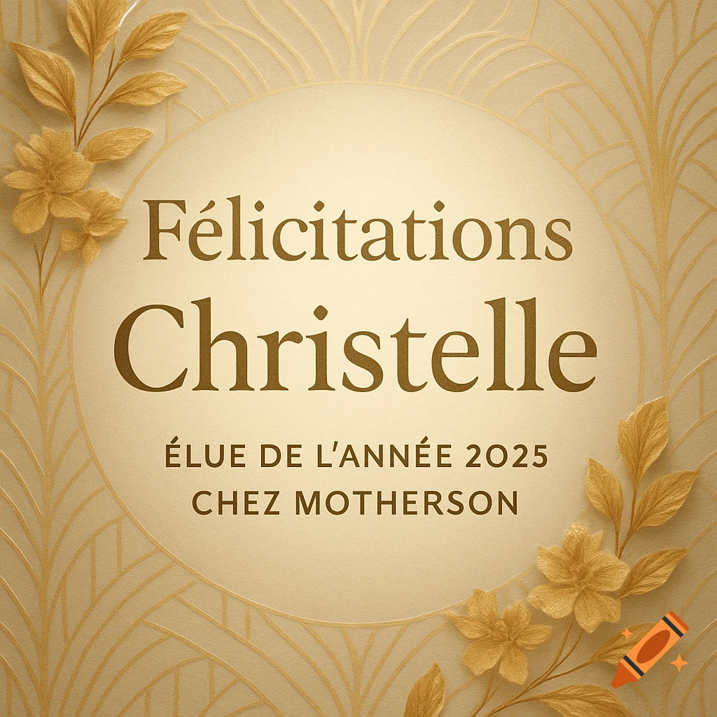 Elegant gold and cream card with 'Félicitations Christelle Élue de l'année 2025 chez Motherson' surrounded by decorative leaves.