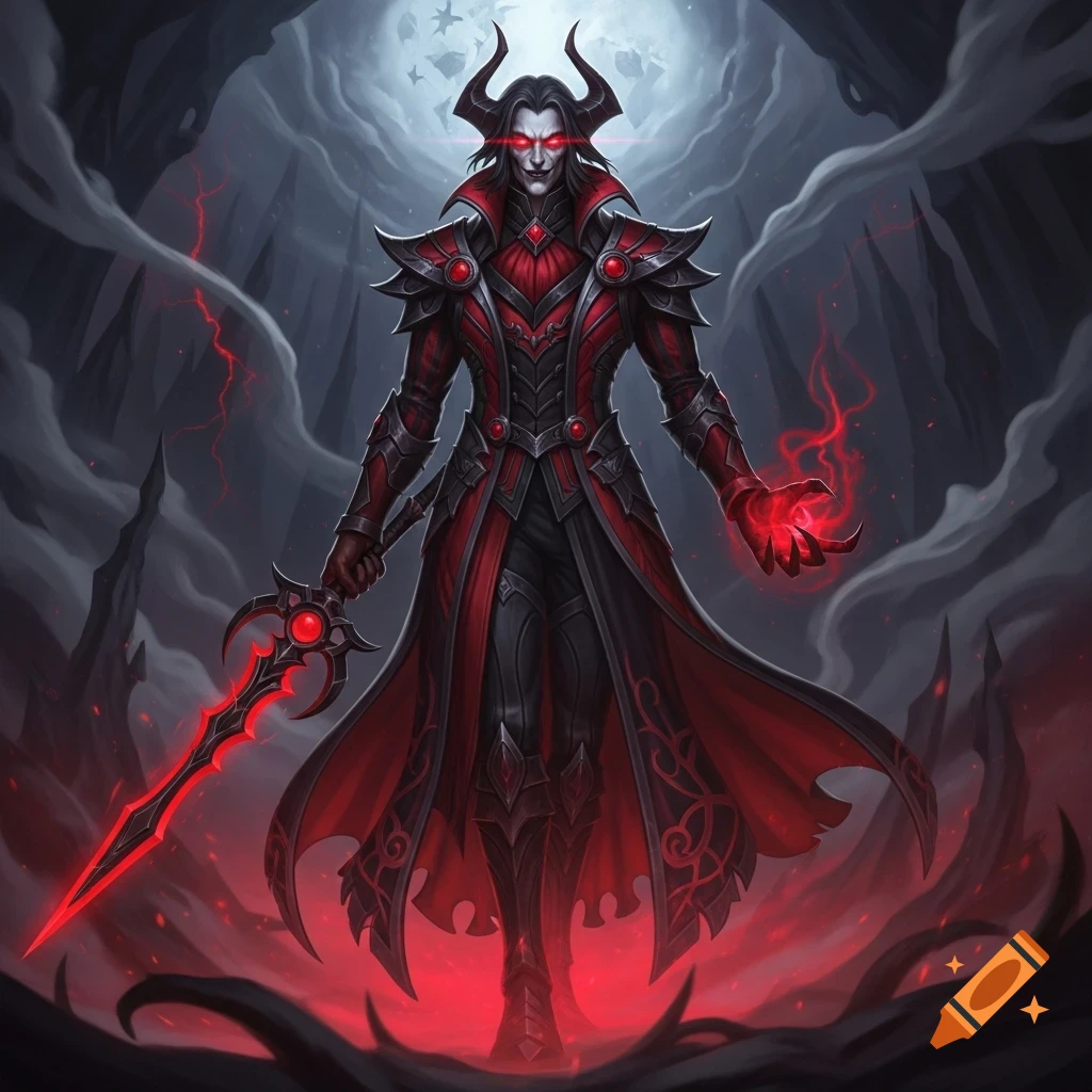 A horned dark fantasy demon in red and black armor, with glowing red eyes, holding a glowing red sword and conjuring magic in a dark landscape.