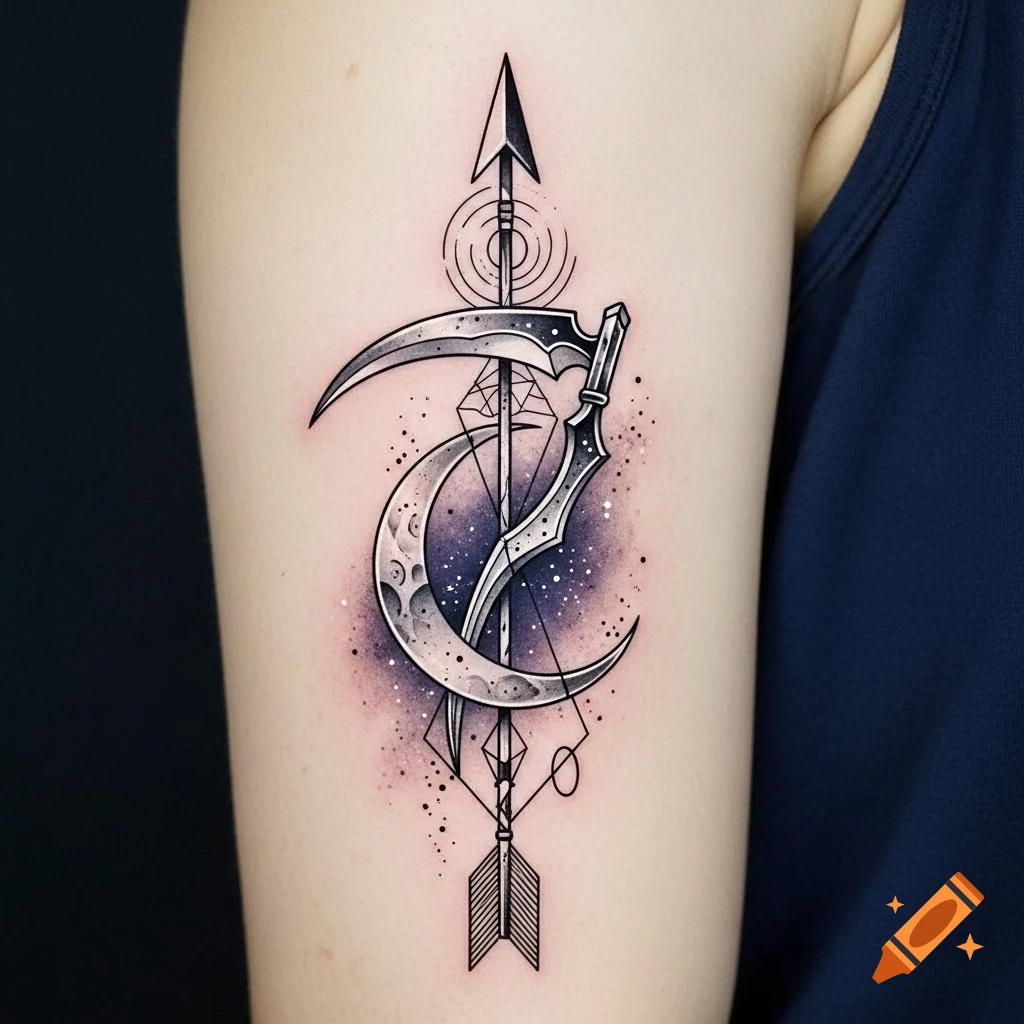 A stylized tattoo on an arm featuring a crescent moon, scythe, and arrow with abstract geometric and galaxy elements.