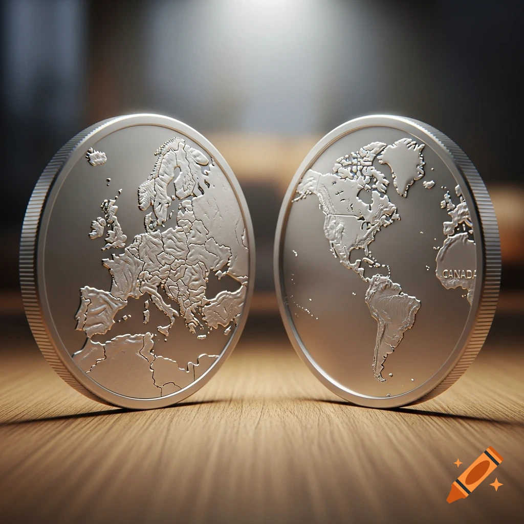 Two photorealistic silver coins standing on a wooden surface, with detailed maps of Europe on the left coin and North and South America on the right coin, including "CANADA" text.