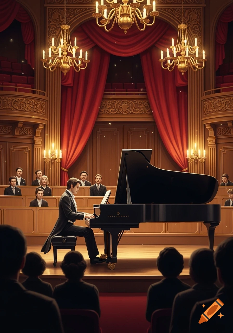 A pianist in a formal concert hall performs on a grand piano under golden chandeliers, with an audience watching.