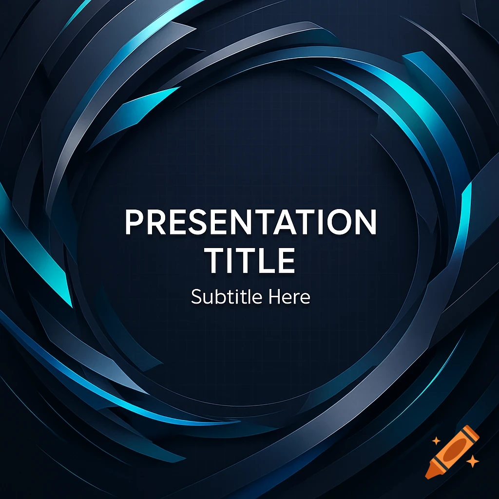 A dark abstract presentation title slide with blue and black swirling shapes and placeholder text.