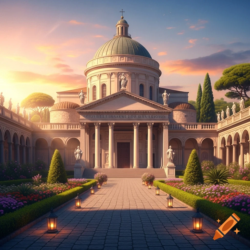 A grand domed classical sanctuary with columns, surrounded by lush gardens, statues, and a paved path under a colorful sunrise or sunset sky.