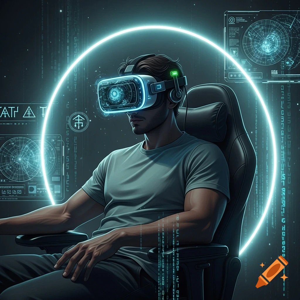 Man wearing a futuristic VR headset, surrounded by glowing digital data and UI elements, in a dark setting.